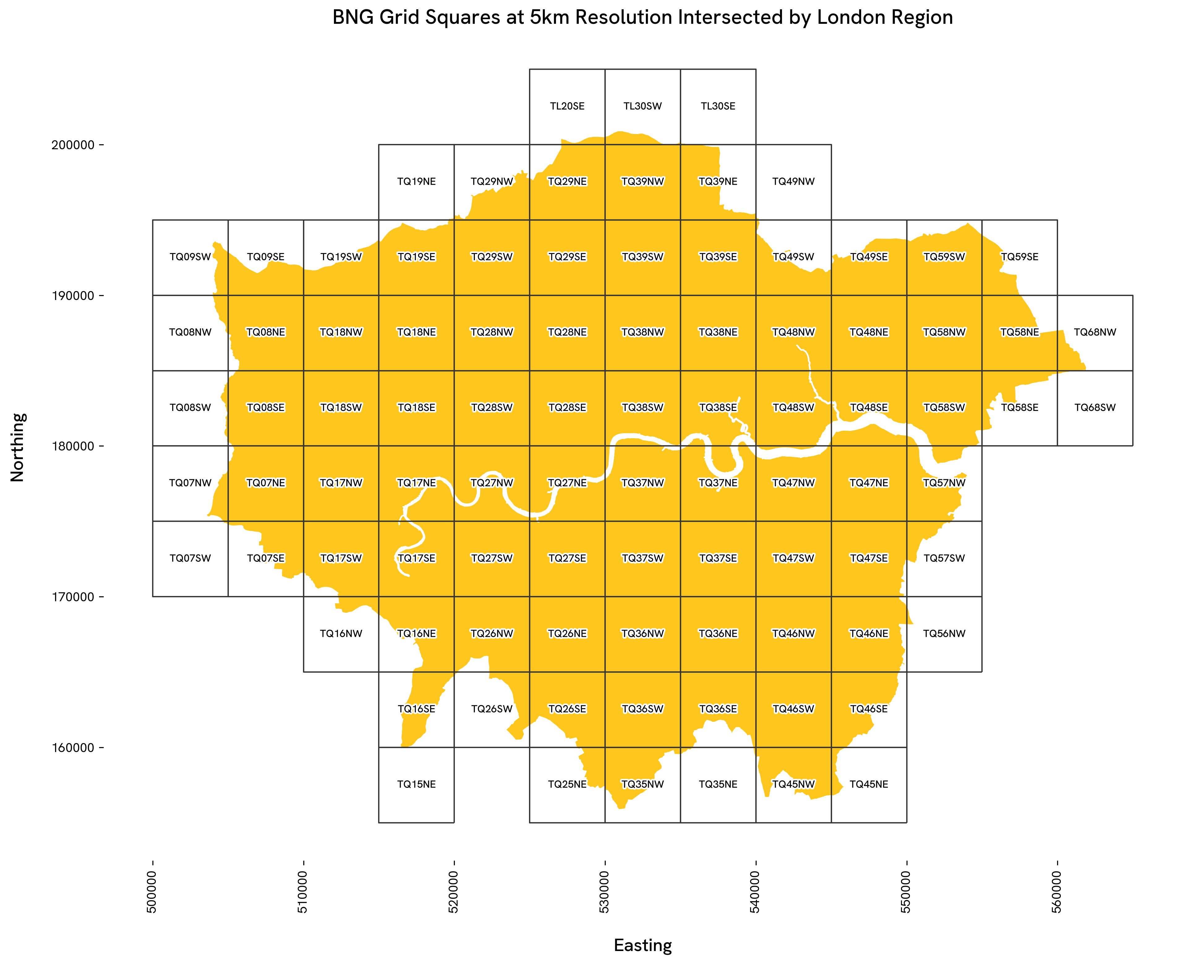 BNG Grid Squares at 5km Resolution Intersected by London Region